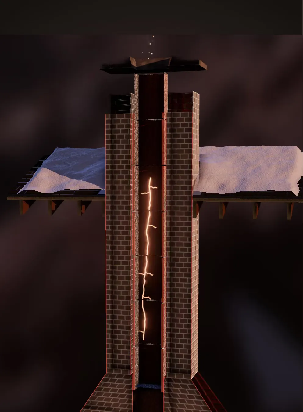 An illustration of a chimney cut open to show the flue running up through it